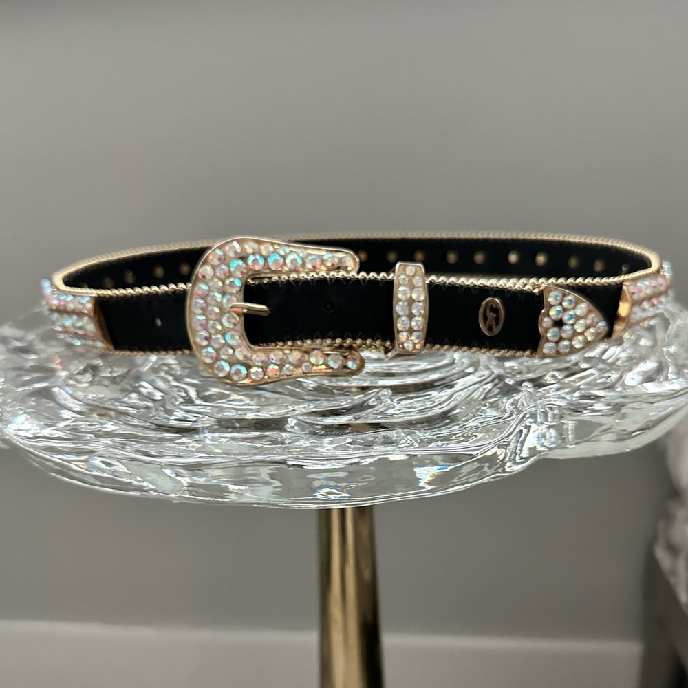 SALE Christine Alexander, Buckle Belt, Black Leather, Swarovski Crystal, Size M